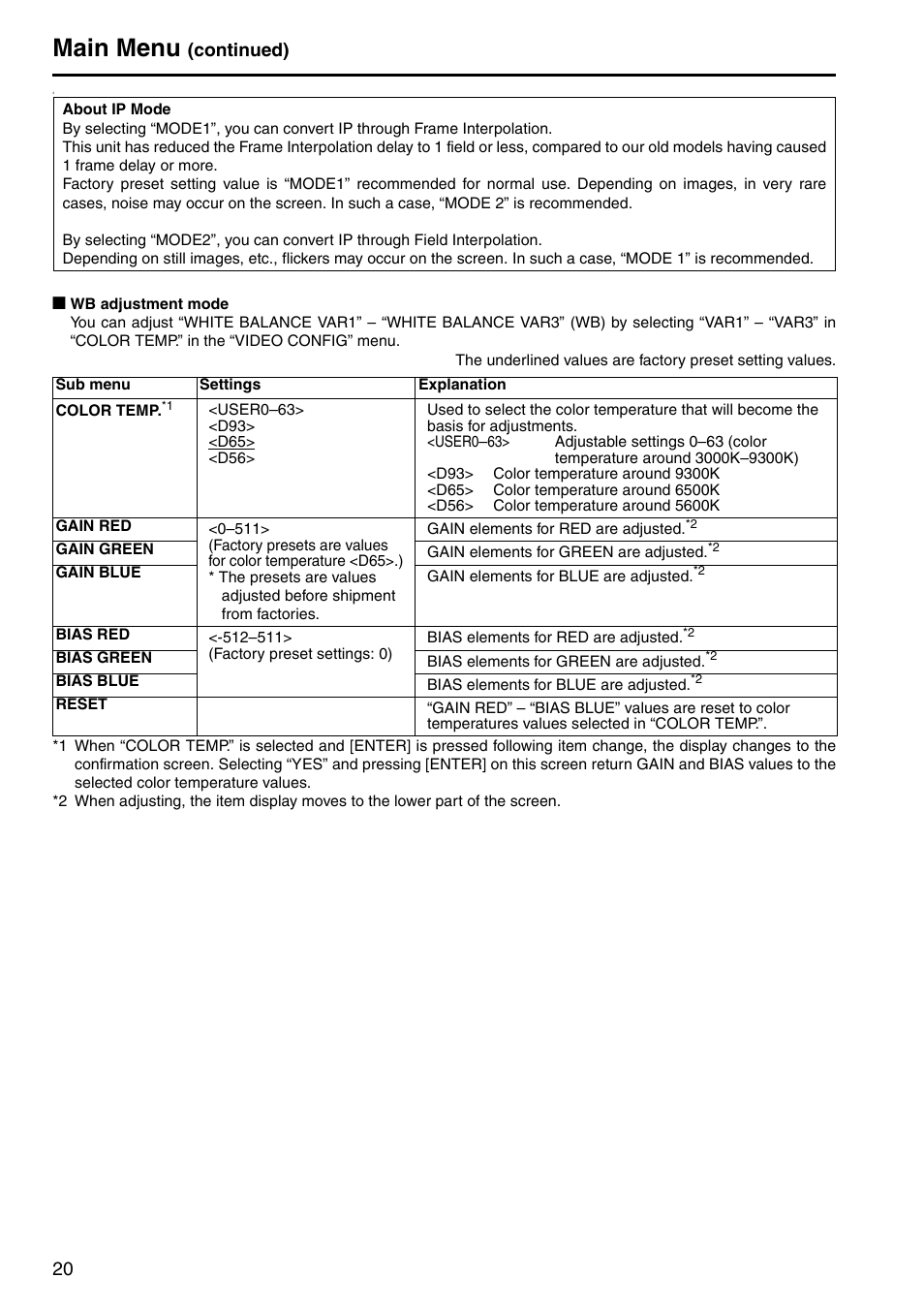Main menu, Continued) | Panasonic BT-LT2600 User Manual | Page 10 / 19