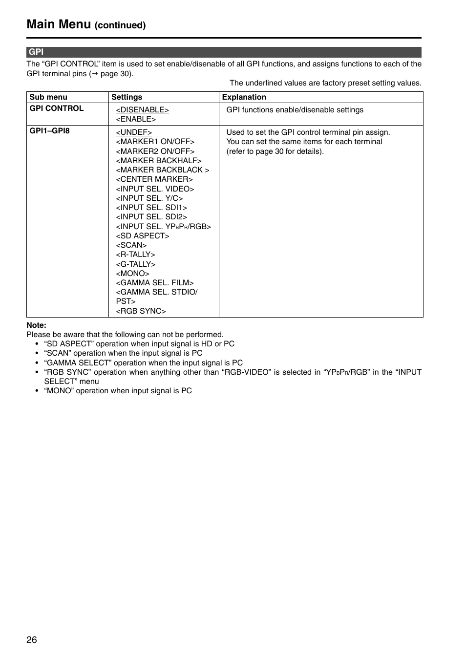 Main menu, Continued) | Panasonic BT-LT2600 User Manual | Page 16 / 19