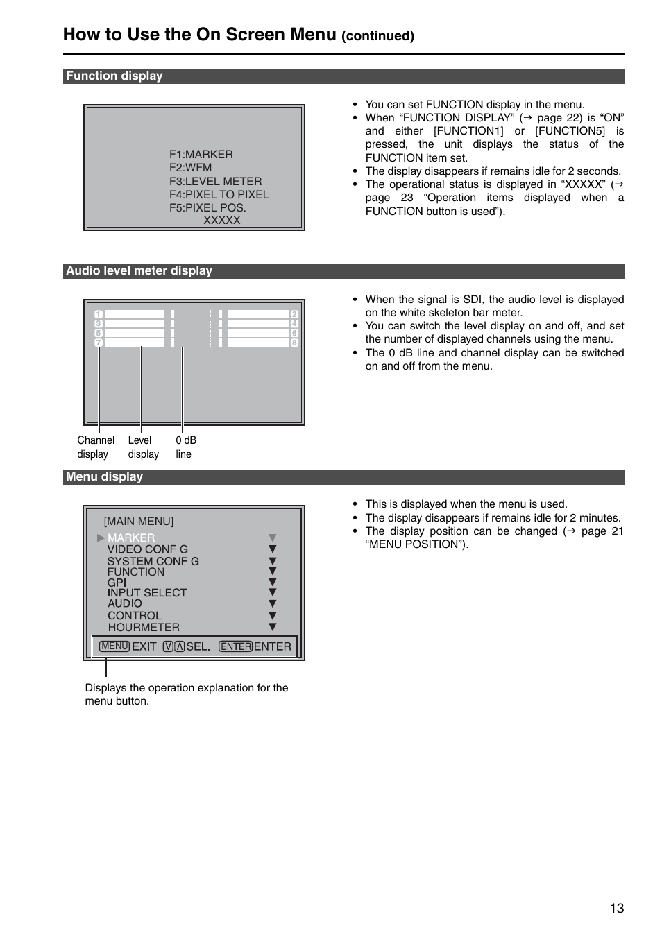 Function display, Audio level meter display, Menu display | How to use the on screen menu, Continued) | Panasonic BT-LT2600 User Manual | Page 3 / 19