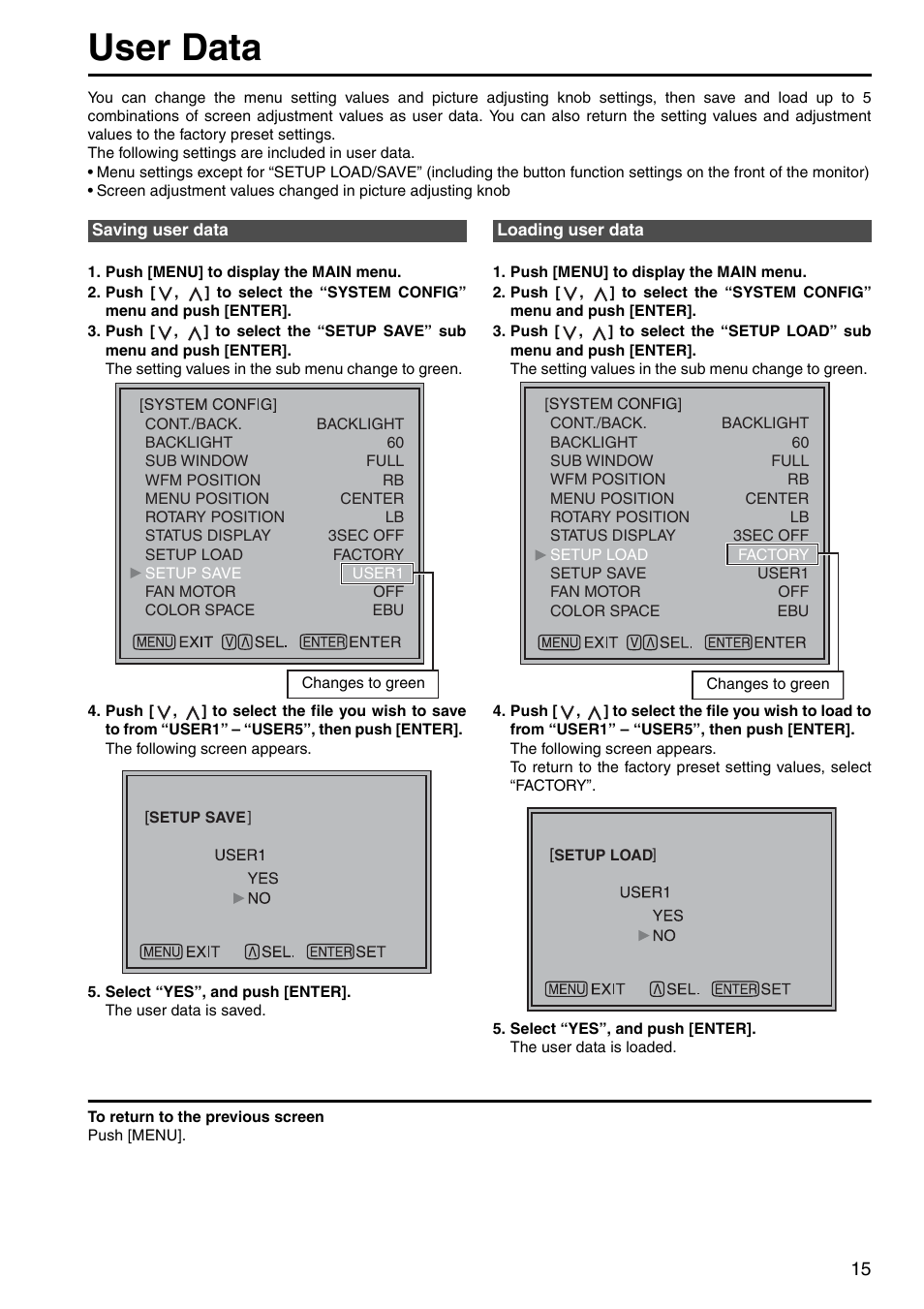 User data, Saving user data, Loading user data | Panasonic BT-LT2600 User Manual | Page 5 / 19