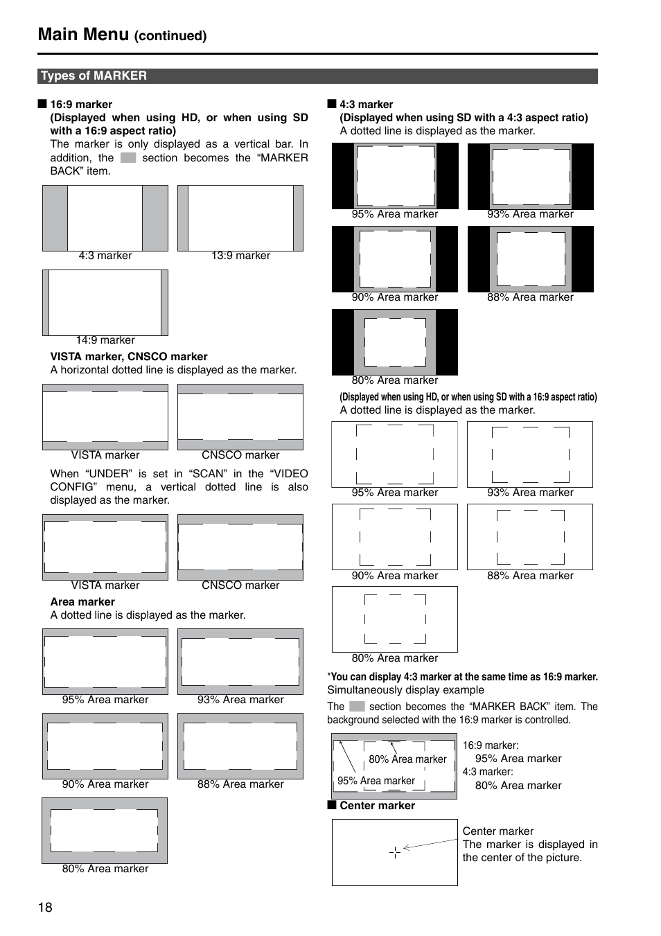 Types of marker, Main menu, Continued) | Panasonic BT-LT2600 User Manual | Page 8 / 19
