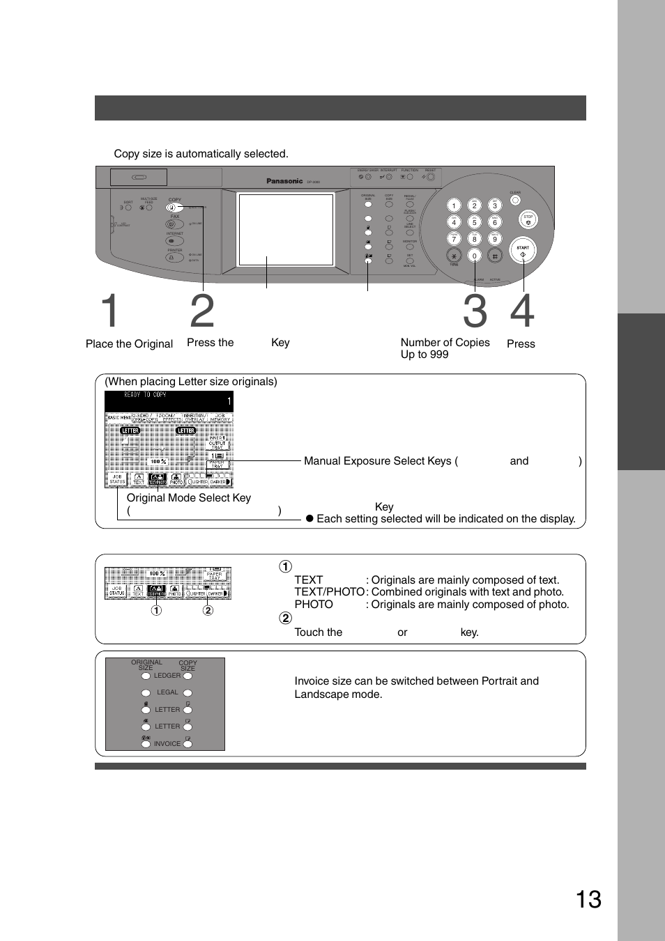 Basic menu, Full size copying, Copying the same size originals (1:1) | Initial screen, Select the original size, Select the original(s), Select exposure control, Making copies | Panasonic DP-2500 User Manual | Page 13 / 73