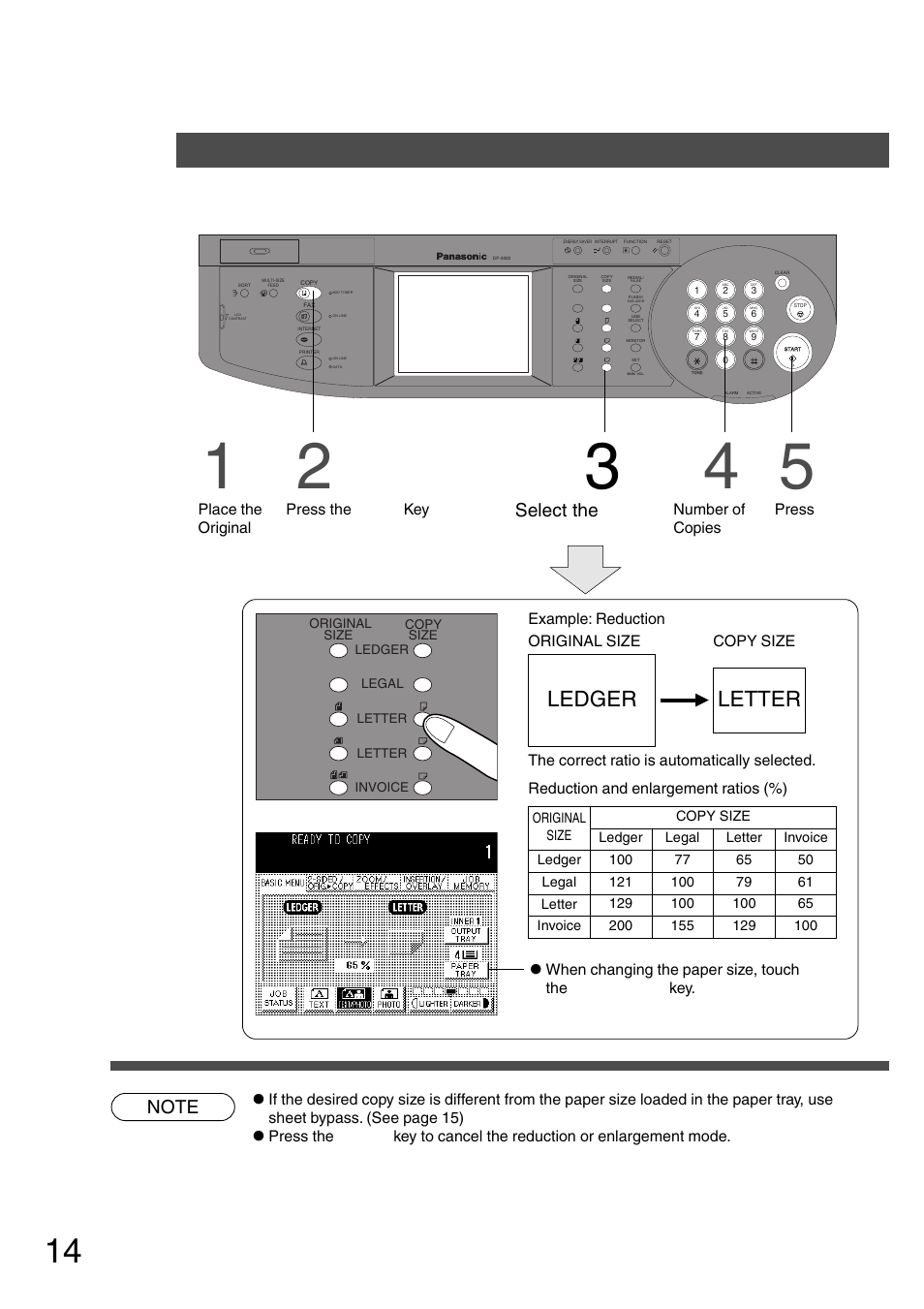 Reduction or enlargement copying, Basic menu, Ledger letter | Copying with preset ratios, Select the copy size | Panasonic DP-2500 User Manual | Page 14 / 73