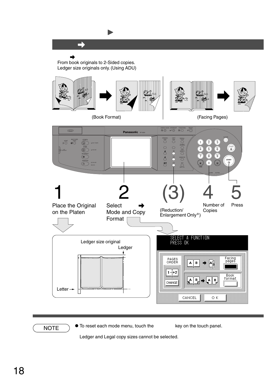 Book \ 2 copy, Book, 2 copy | Book \ \ \ \ \ 2 copy, Place the original on the platen, Select book \ \ \ \ \ 2 mode and copy format | Panasonic DP-2500 User Manual | Page 18 / 73