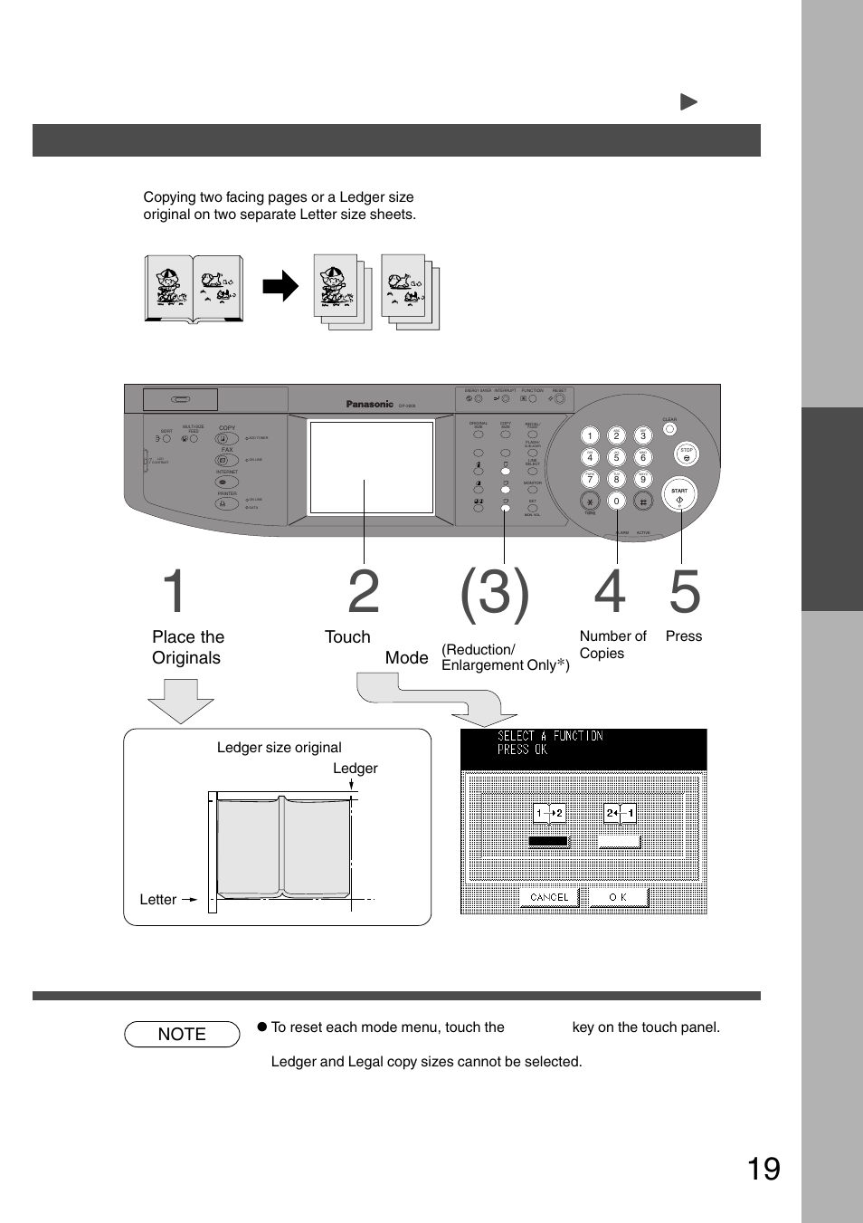 Procedure, Place the originals, Touch 2 page mode | Making copies | Panasonic DP-2500 User Manual | Page 19 / 73