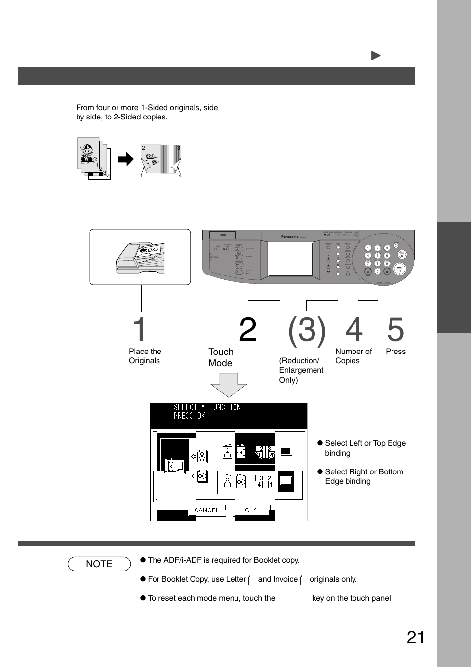 Booklet copy, Procedure, Touch booklet mode | Making copies, Adf/i-adf, Face-up, Copy size (reduction/ enlargement only), Number of copies, Press start | Panasonic DP-2500 User Manual | Page 21 / 73