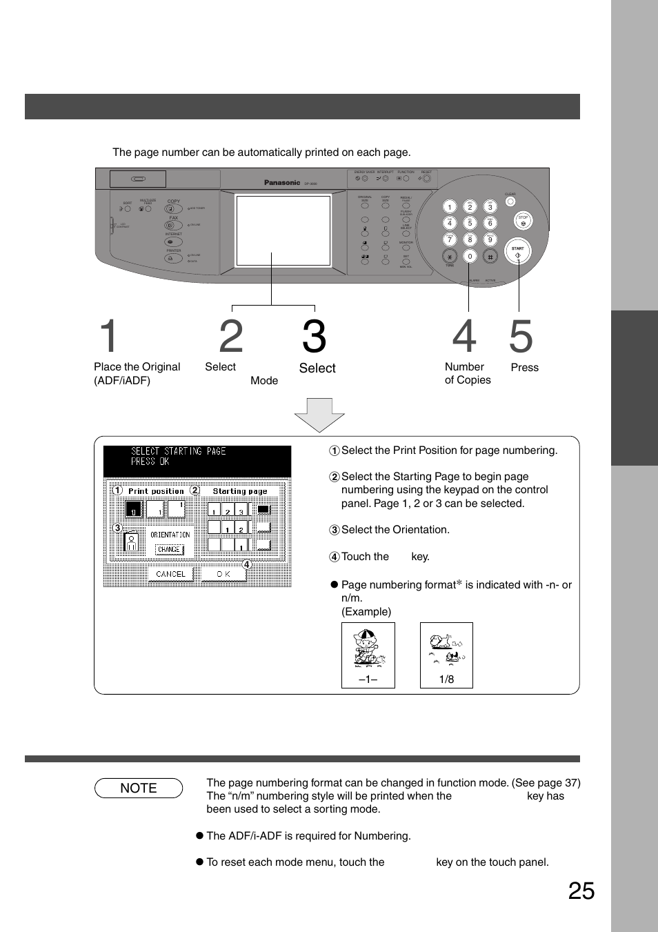 Page numbering, Zoom/effects, Making copies | Feature, Select page numbering | Panasonic DP-2500 User Manual | Page 25 / 73