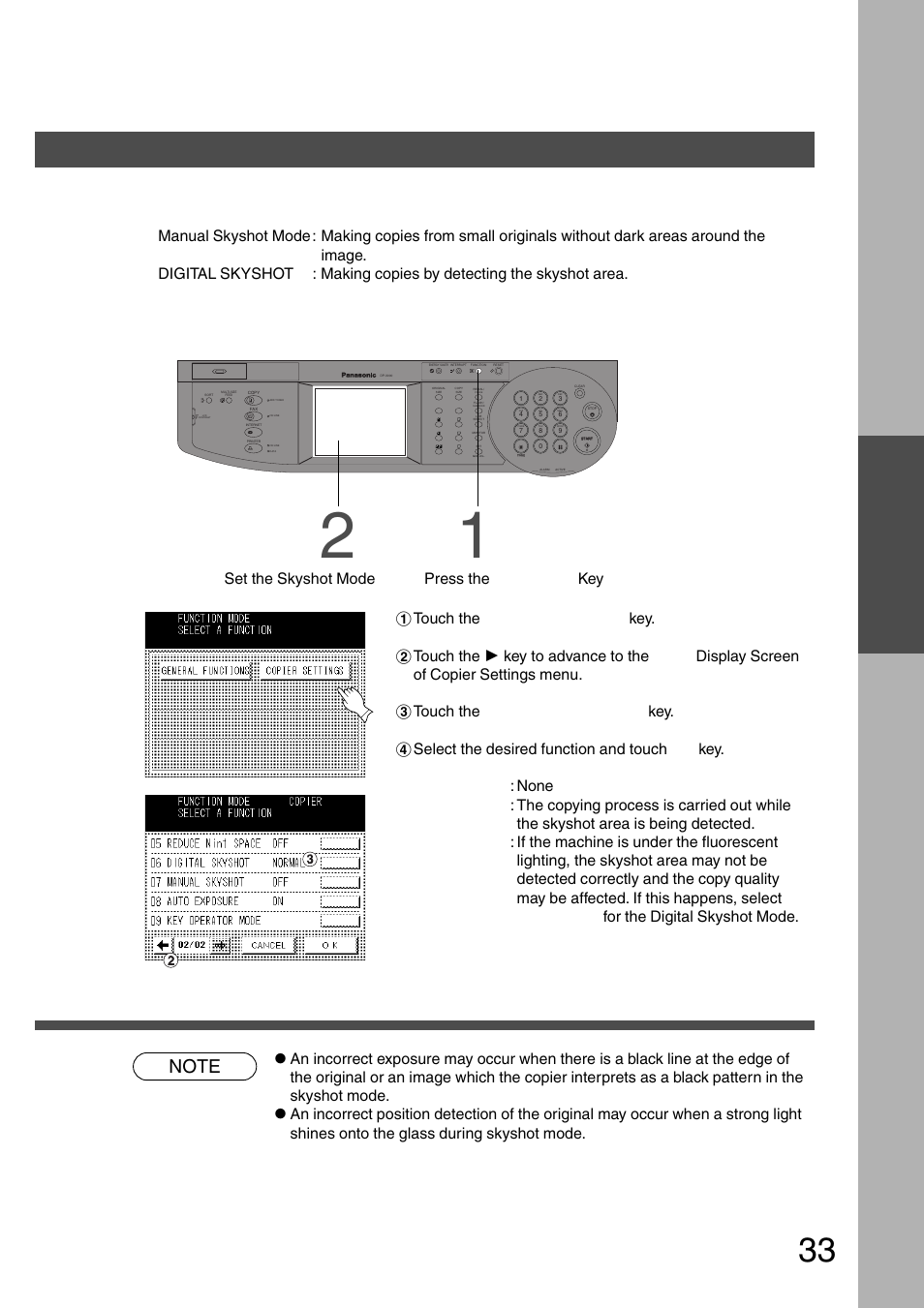 Manual skyshot mode/digital skyshot mode, Making copies, Setting the digital skyshot mode | Set the skyshot mode | Panasonic DP-2500 User Manual | Page 33 / 73