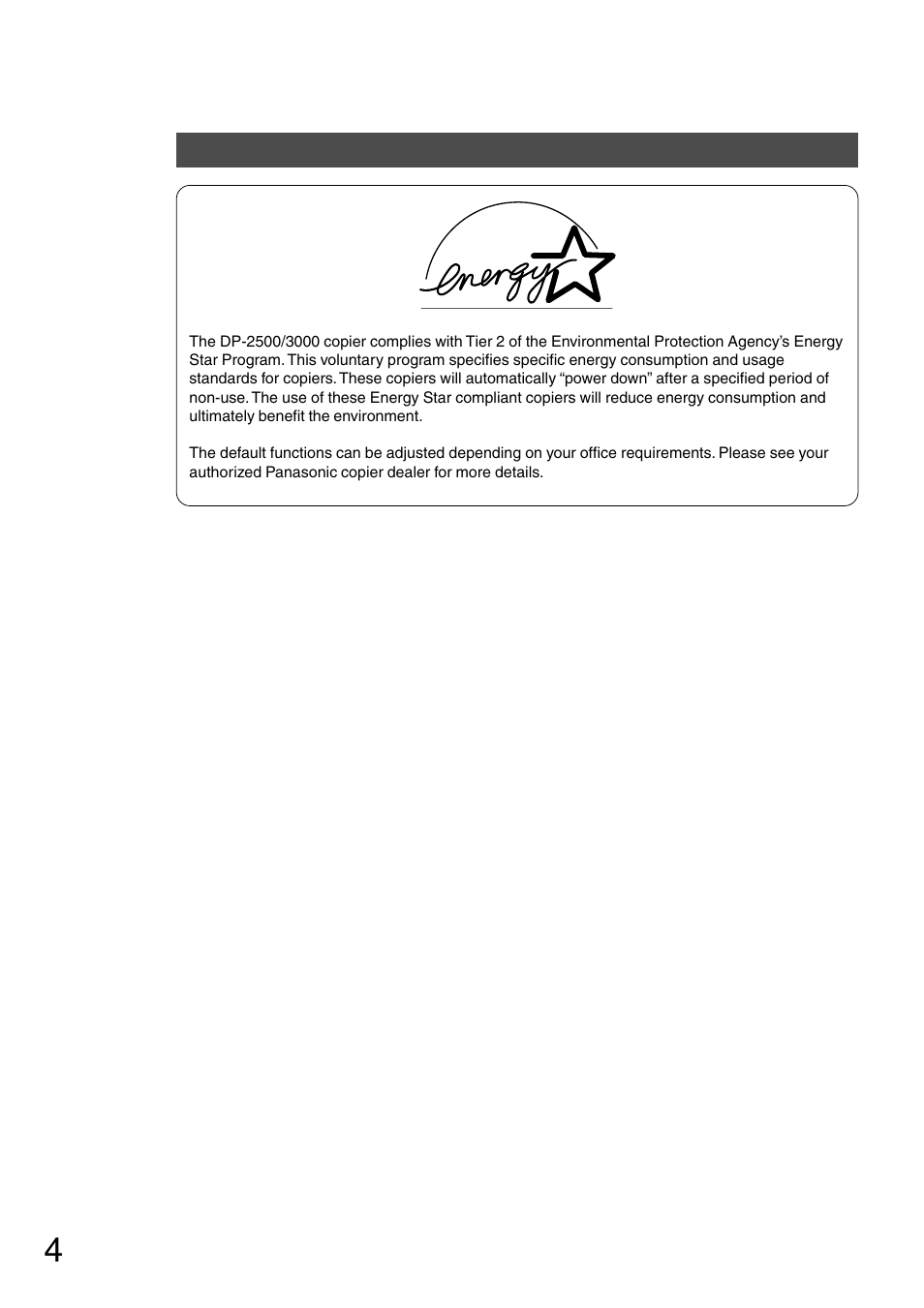 Energy star | Panasonic DP-2500 User Manual | Page 4 / 73