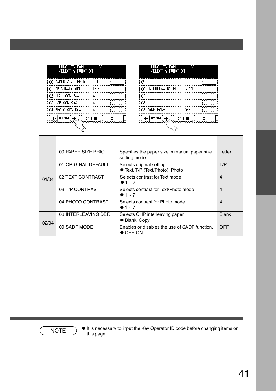 Copier settings for key operator, Function copier settings for key operator | Panasonic DP-2500 User Manual | Page 41 / 73