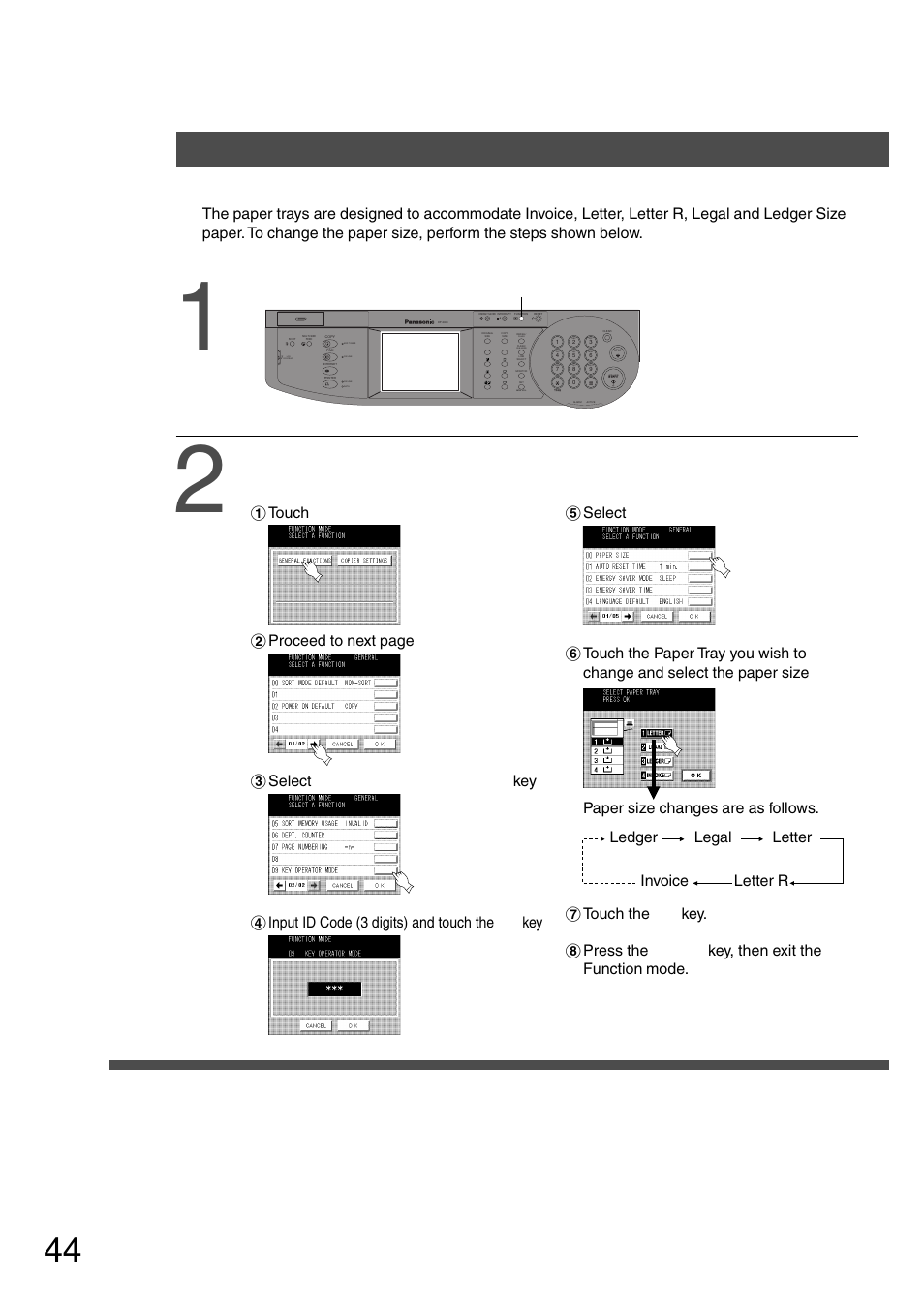 Function setting for key operator, Function, Changing the paper size | Press the function key, Proceed as follows | Panasonic DP-2500 User Manual | Page 44 / 73