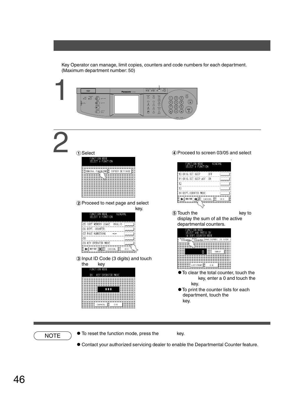 Function setting for key operator, Function, Departmental counter | Press the function key, Proceed as follows | Panasonic DP-2500 User Manual | Page 46 / 73