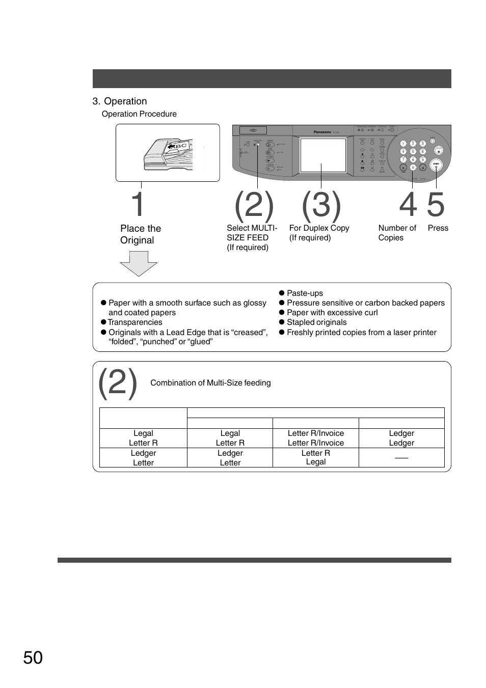 Automatic document feeder, Accessories, Operation | Place the original, Operation procedure adf/i-adf face-up, Select multi- size feed (if required), For duplex copy (if required), Number of copies | Panasonic DP-2500 User Manual | Page 50 / 73