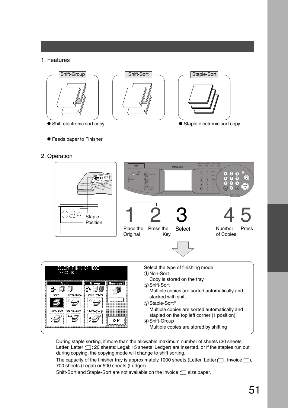 Finisher/exit guide unit, Accessories, Options | Features, Operation, Select finisher mode, Adf/i-adf platen face-up, Number of copies, Press start staple position, Place the original | Panasonic DP-2500 User Manual | Page 51 / 73