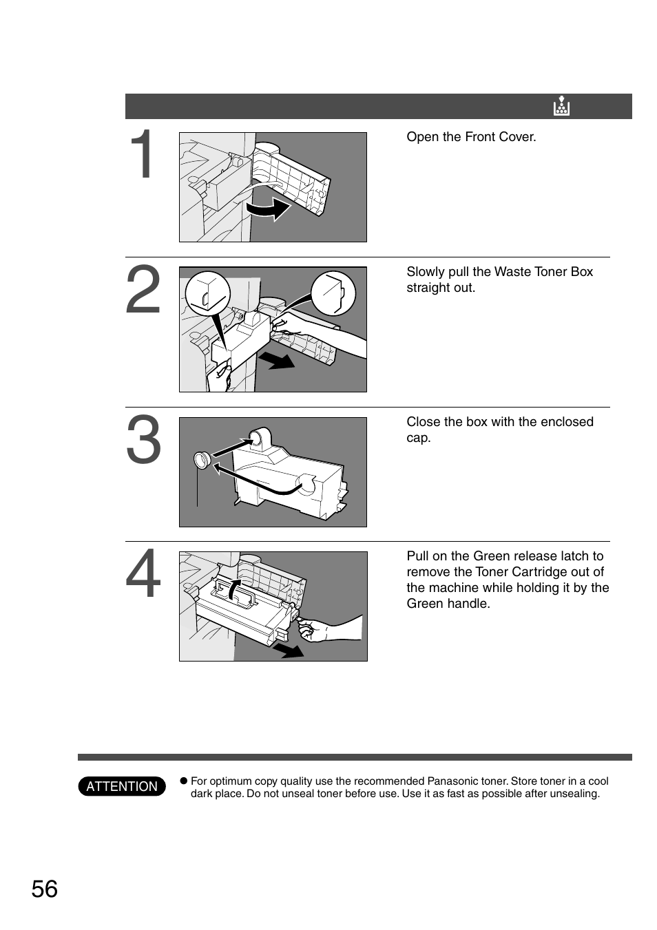 Replacing the toner cartridge and waste toner box | Panasonic DP-2500 User Manual | Page 56 / 73