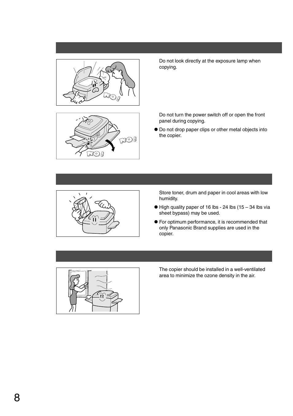 Precautions handling, Toner and paper, Ventilation | Panasonic DP-2500 User Manual | Page 8 / 73