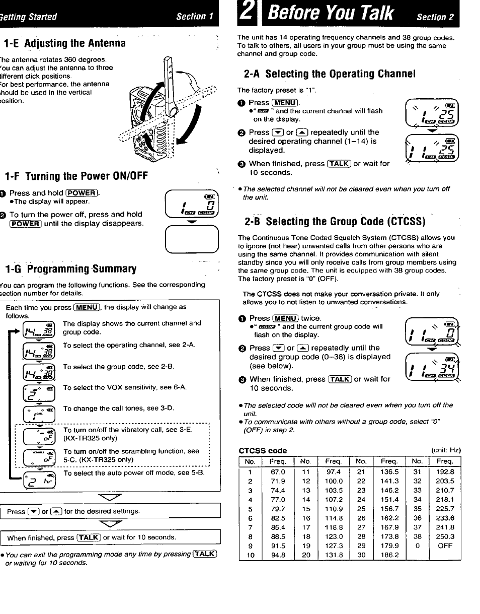 E adjusting the antenna, F turning the power on/off, G programming summary | Before you talk, A selecting the operating channel, B selecting the group code (ctcss) | Panasonic PALMLINK KX-TR320B User Manual | Page 3 / 10