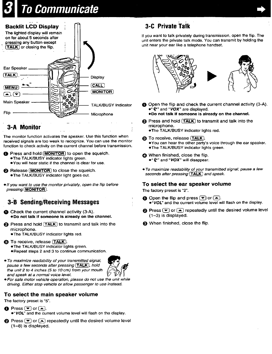 3\ to communicate, A monitor, B sending/receiving messages | C private talk | Panasonic PALMLINK KX-TR320B User Manual | Page 4 / 10