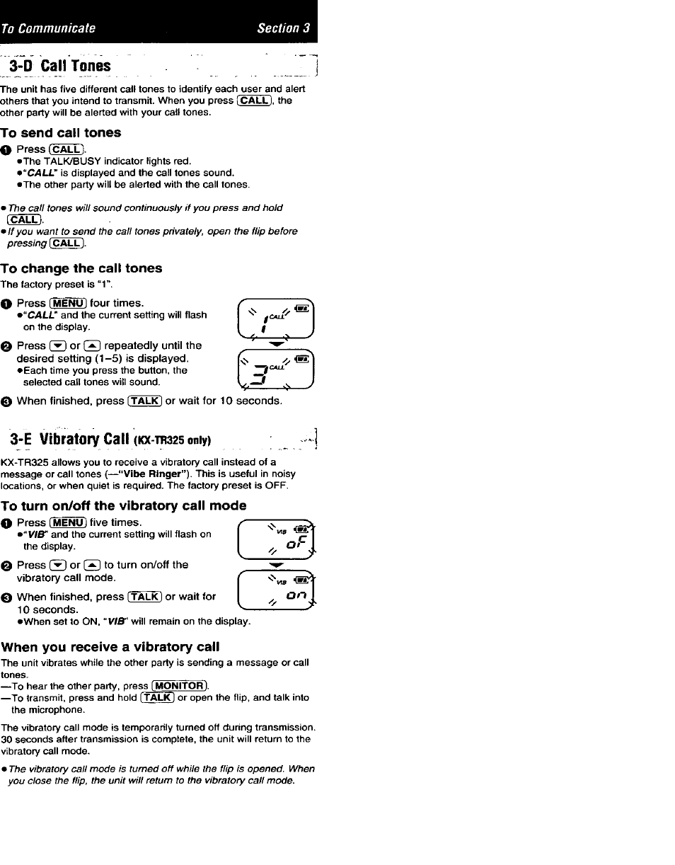 D call tones, Fcaixl, E vibratory call (kx-tb325 only) | Panasonic PALMLINK KX-TR320B User Manual | Page 5 / 10
