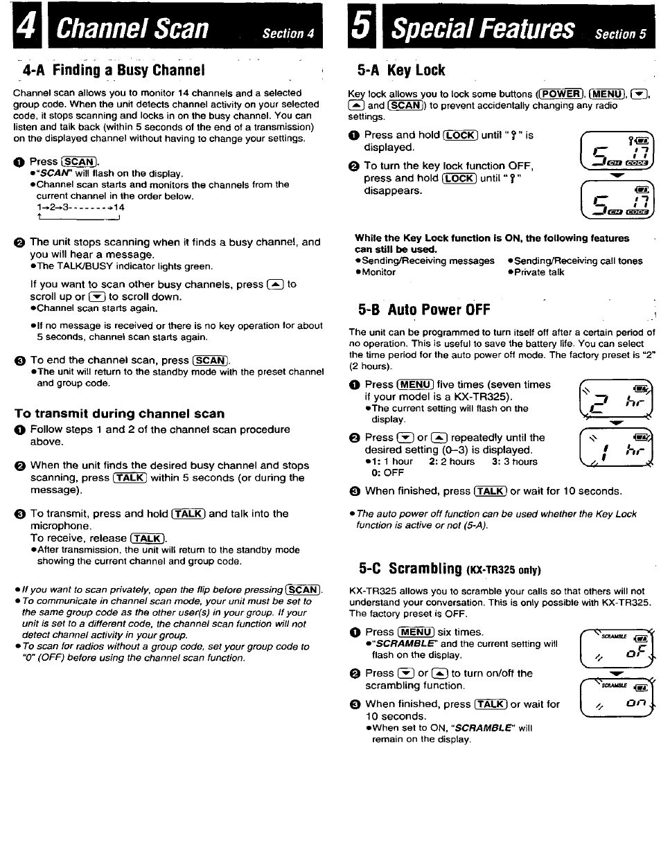 41 channel scan, 5 special features, A finding a busy channel | A keylock, B auto power off, Channel scan, Special features | Panasonic PALMLINK KX-TR320B User Manual | Page 6 / 10