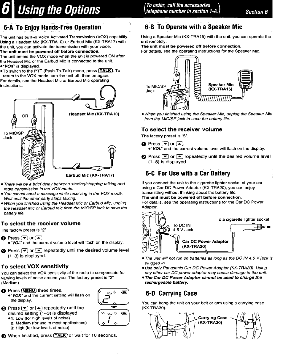 6\ using the options, A to enjoy hands-free operation, B to operate with a speaker mic | C for use with a car battery, D carrying case | Panasonic PALMLINK KX-TR320B User Manual | Page 7 / 10