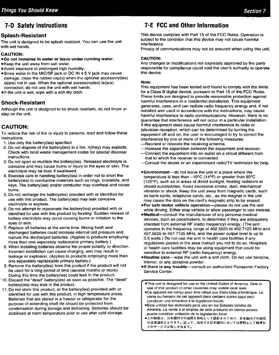 D safety instructions, Splash-resistant, Caution | Shock-resistant, E fcc and other information, D safety instructions splash-resistant | Panasonic PALMLINK KX-TR320B User Manual | Page 9 / 10