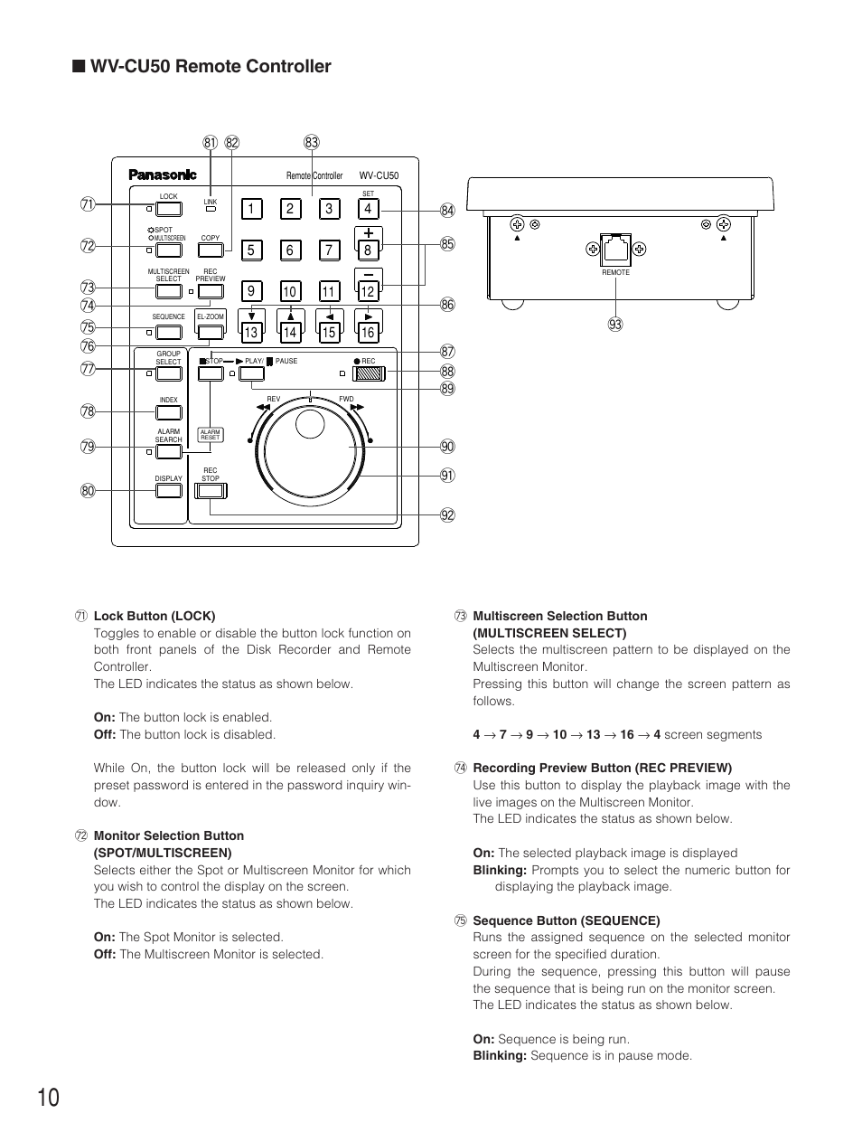 Wv-cu50 remote controller | Panasonic WJ-HD500B User Manual | Page 10 / 104