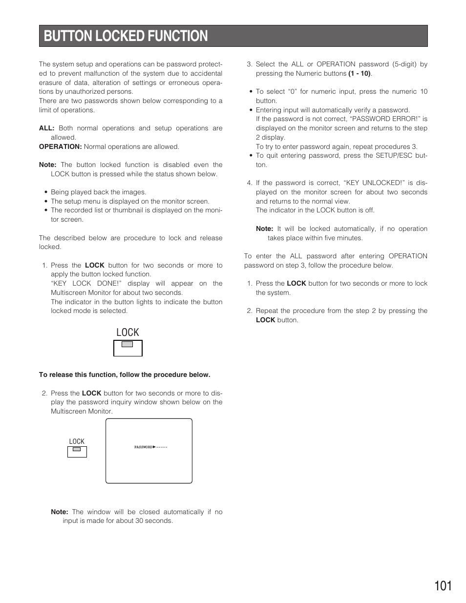 Button locked function, Lock | Panasonic WJ-HD500B User Manual | Page 101 / 104