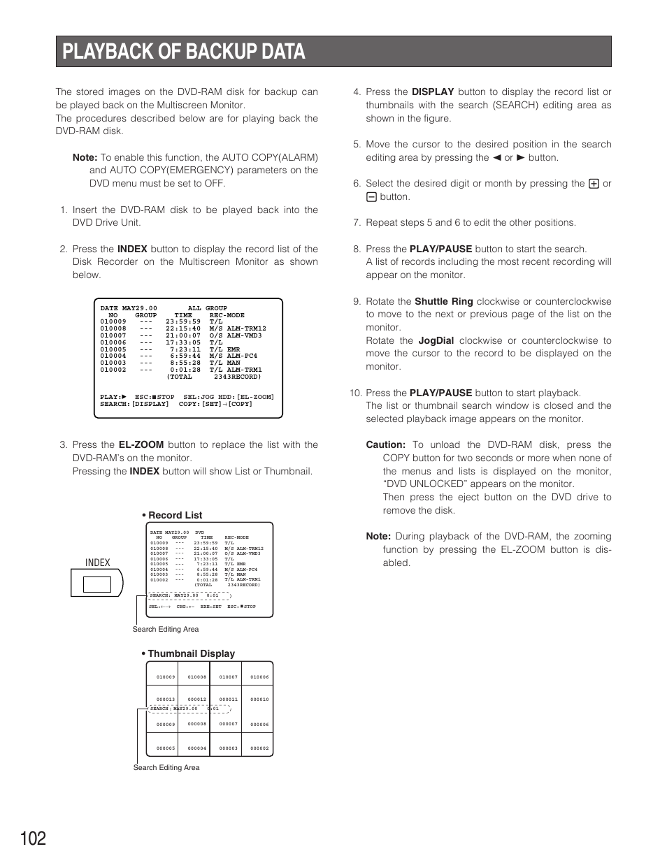 Playback of backup data, Index, Record list • thumbnail display | Panasonic WJ-HD500B User Manual | Page 102 / 104