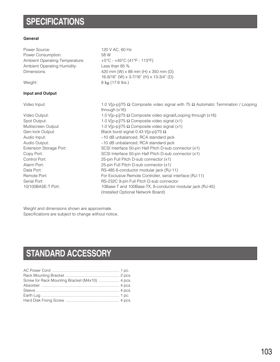 Specifications, Standard accessory, Specifications standard accessory | Panasonic WJ-HD500B User Manual | Page 103 / 104