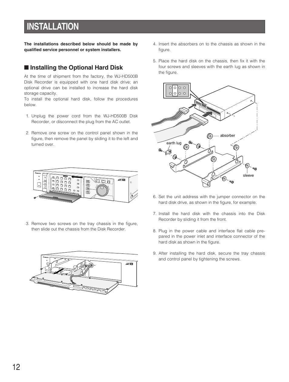 Installation, Installing the optional hard disk | Panasonic WJ-HD500B User Manual | Page 12 / 104