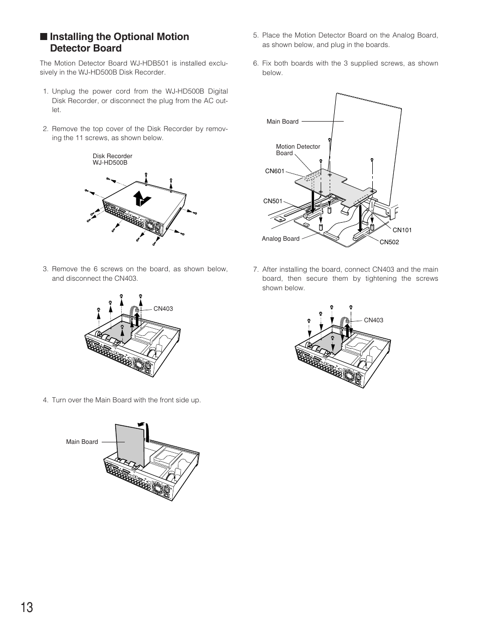 Installing the optional motion, Installing the optional motion detector board | Panasonic WJ-HD500B User Manual | Page 14 / 104