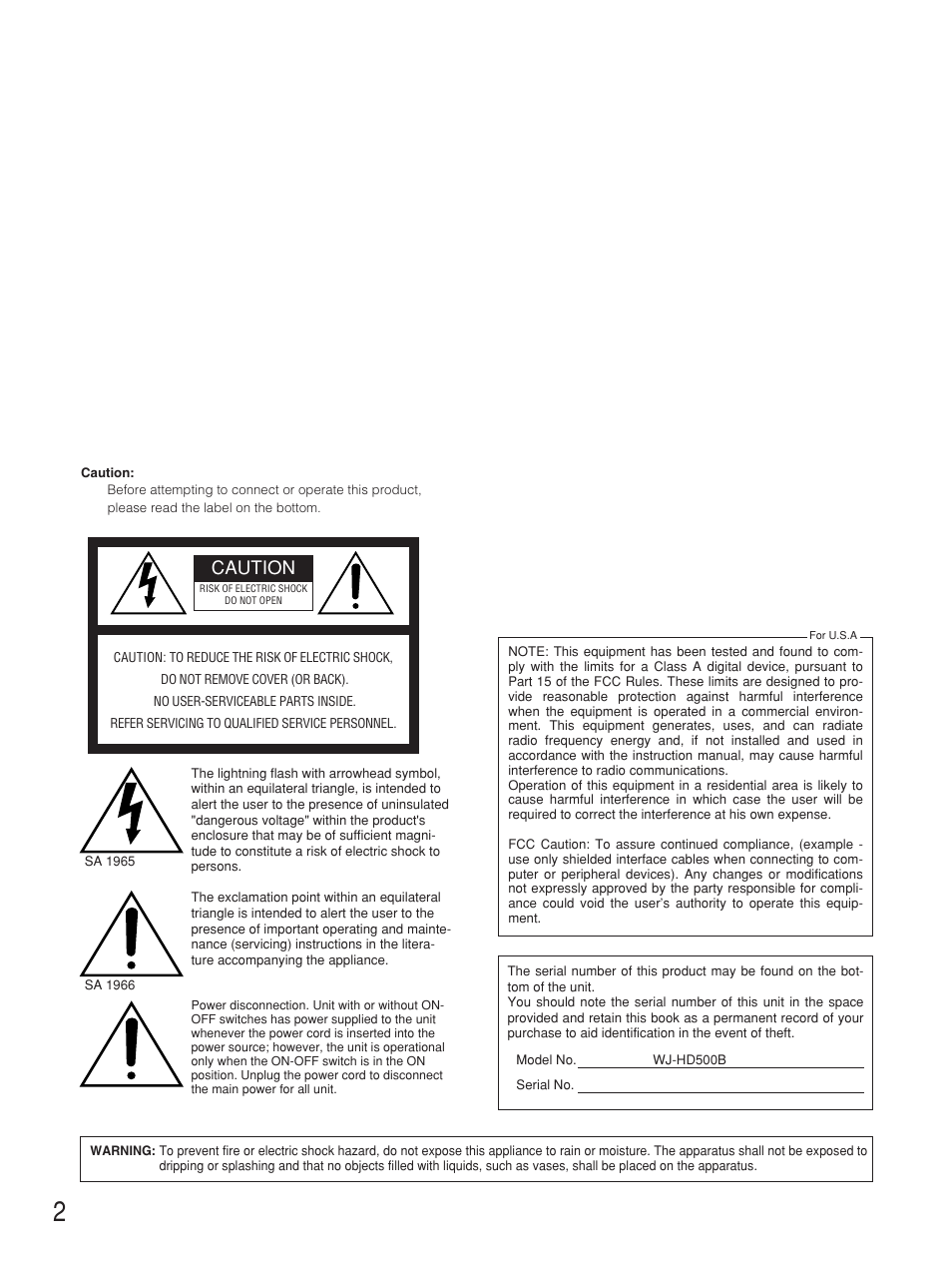 Caution | Panasonic WJ-HD500B User Manual | Page 2 / 104