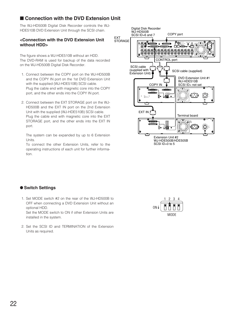 Connection with the dvd extension unit, Switch settings, Connection with the dvd extension unit without hdd | 1 2 3 4 mode on, Copy port control port ext in | Panasonic WJ-HD500B User Manual | Page 22 / 104