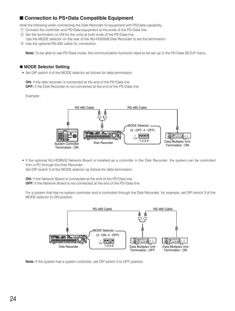 Connection to ps•data compatible equipment, Mode selector setting | Panasonic WJ-HD500B User Manual | Page 24 / 104
