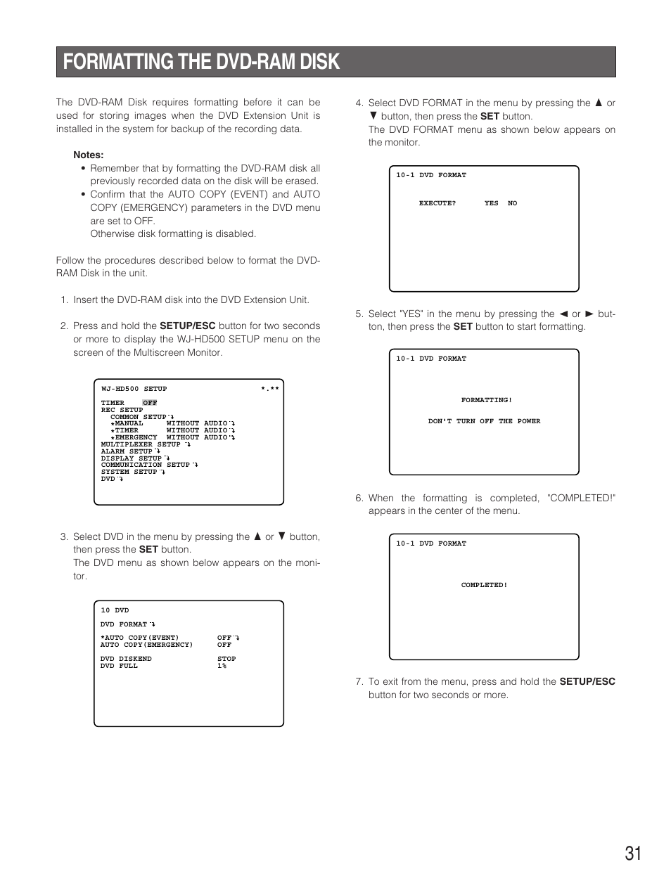 Formatting the dvd-ram disk | Panasonic WJ-HD500B User Manual | Page 31 / 104