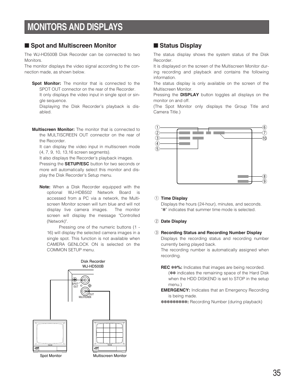 Monitors and displays, Spot and multiscreen monitor, Status display | Panasonic WJ-HD500B User Manual | Page 35 / 104