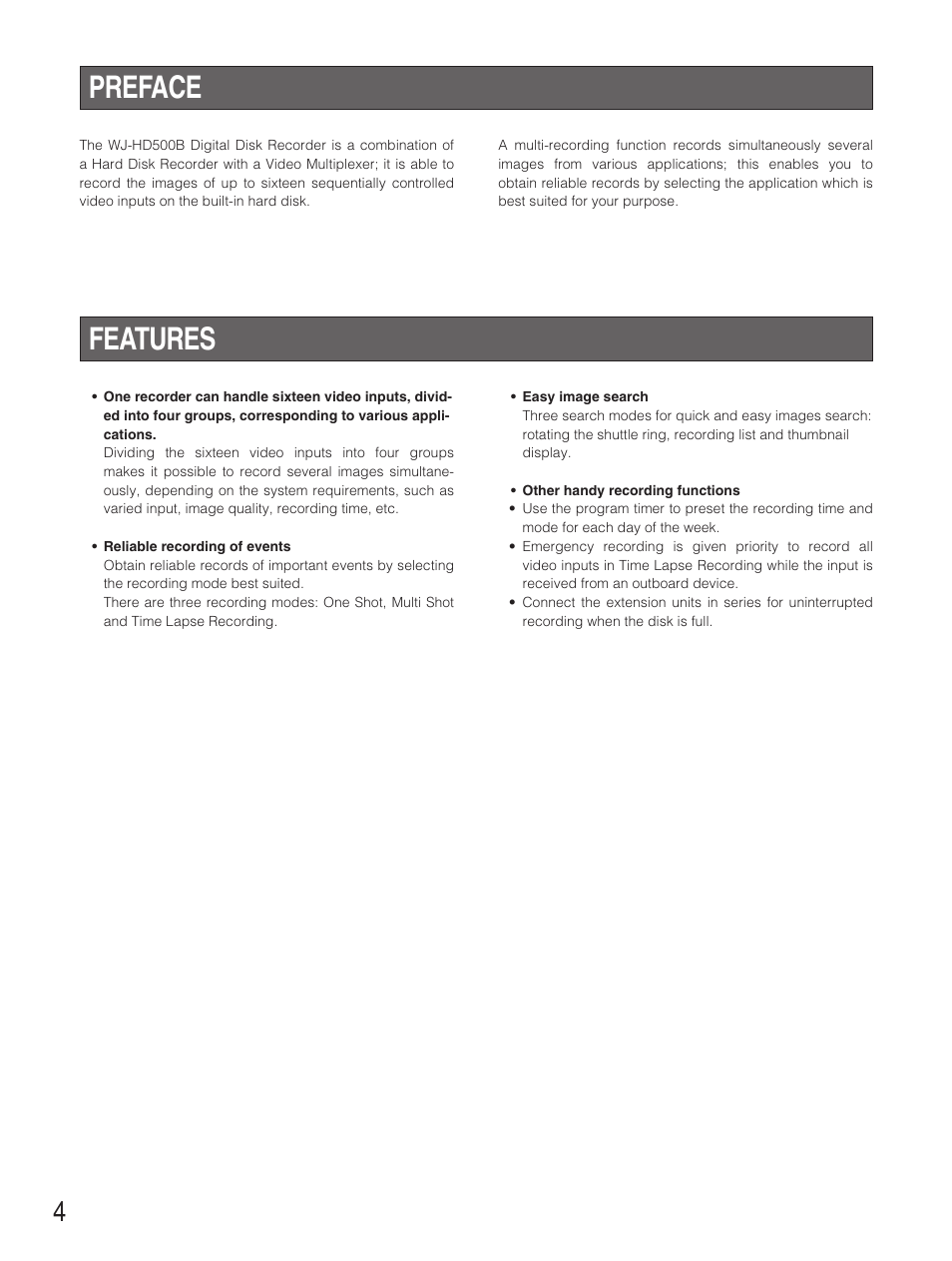 Preface, Features | Panasonic WJ-HD500B User Manual | Page 4 / 104