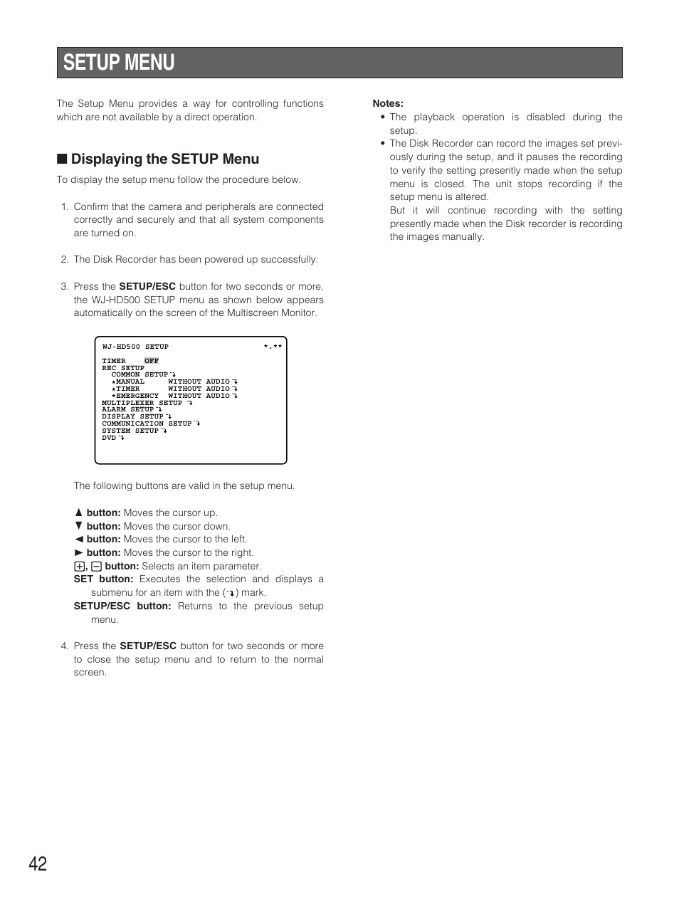 Setup menu, Displaying the setup menu | Panasonic WJ-HD500B User Manual | Page 42 / 104