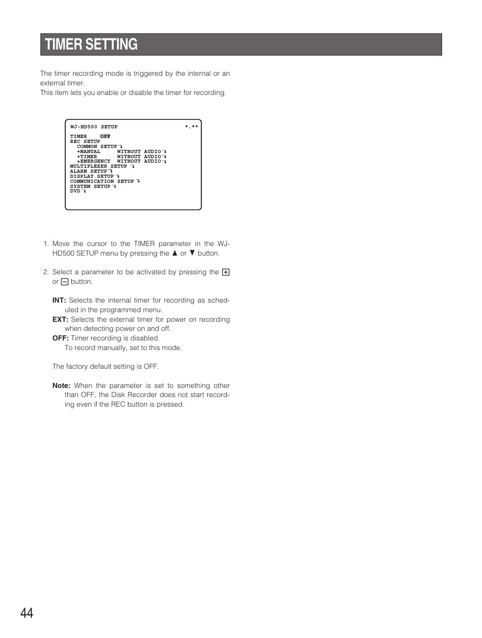 Timer setting | Panasonic WJ-HD500B User Manual | Page 44 / 104