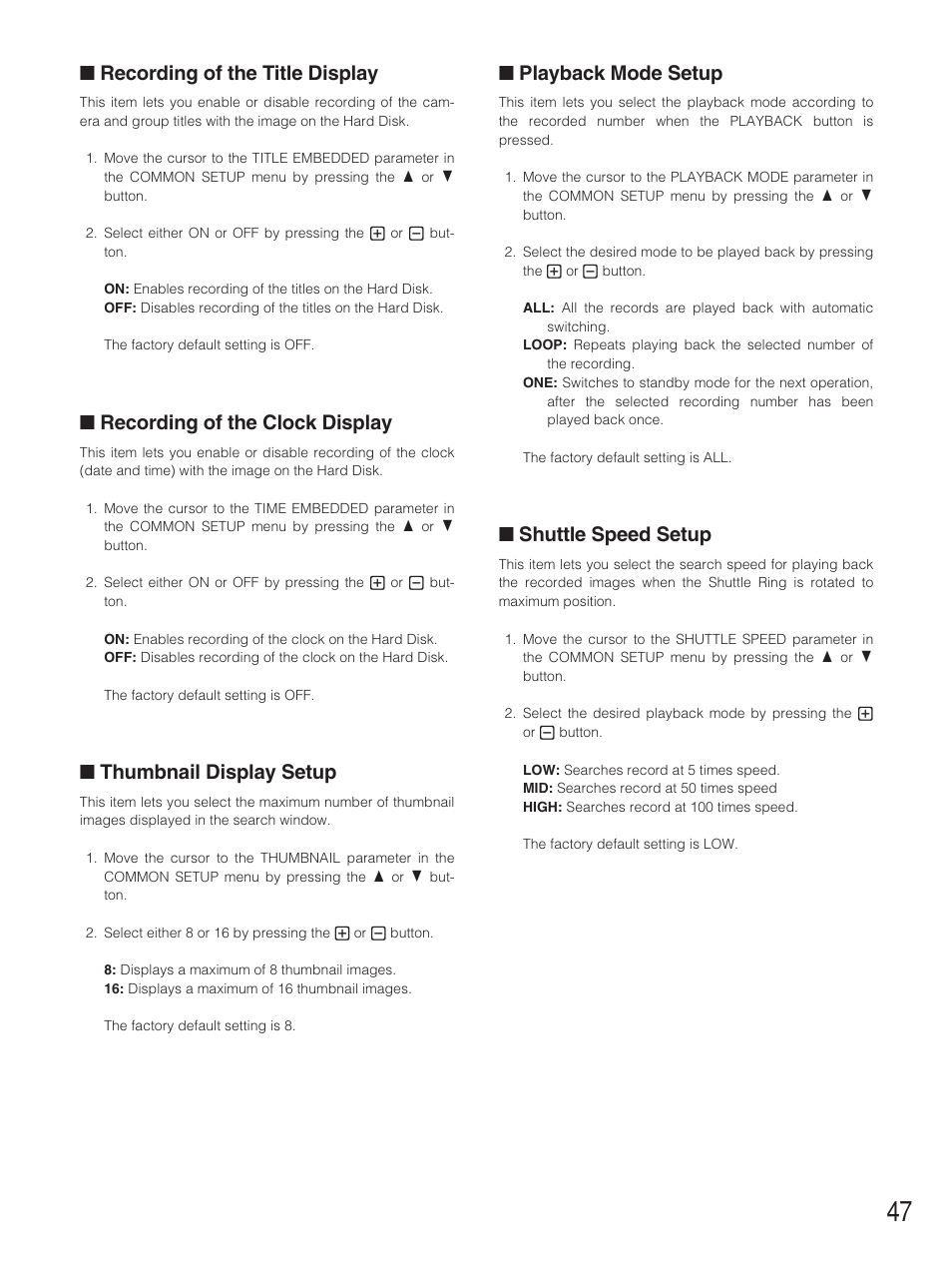 Recording of the title display, Recording of the clock display, Thumbnail display setup | Playback mode setup, Shuttle speed setup | Panasonic WJ-HD500B User Manual | Page 47 / 104