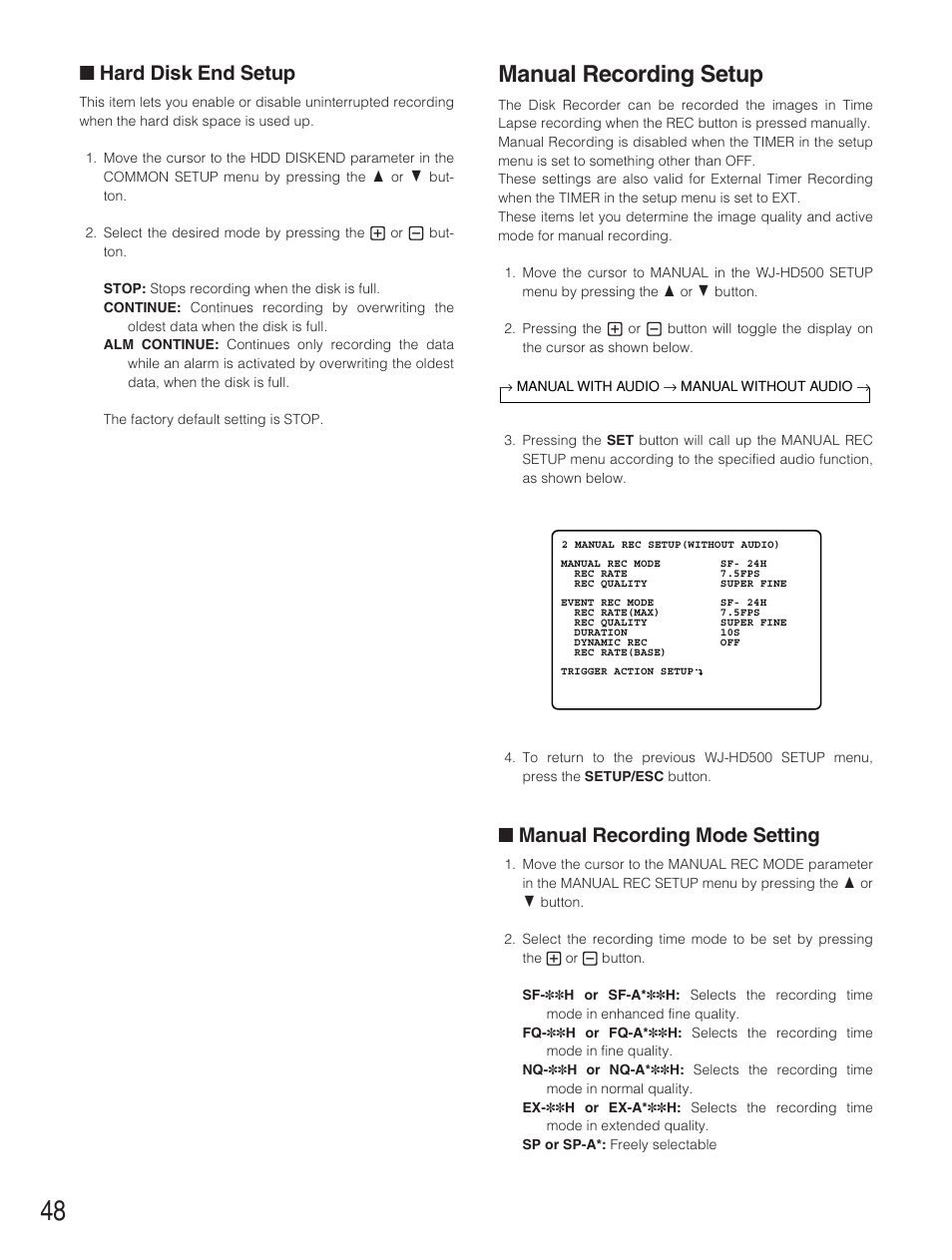 Hard disk end setup, Manual recording setup, Manual recording mode setting | Panasonic WJ-HD500B User Manual | Page 48 / 104