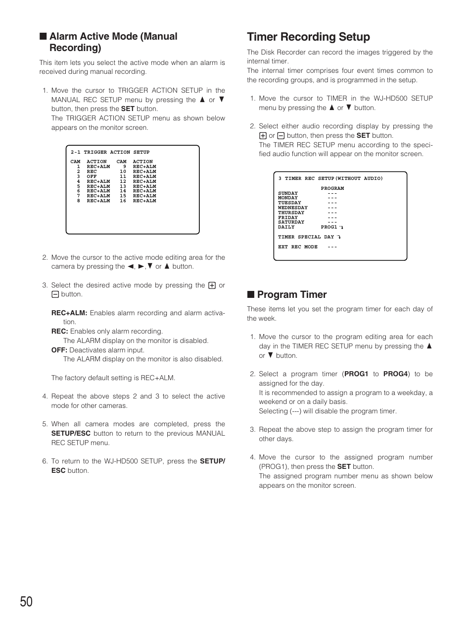 Alarm active mode (manual, Timer recording setup, Program timer | Alarm active mode (manual recording) | Panasonic WJ-HD500B User Manual | Page 50 / 104