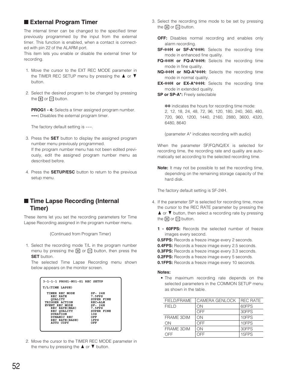 External program timer, Time lapse recording (internal, Time lapse recording (internal timer) | Panasonic WJ-HD500B User Manual | Page 52 / 104