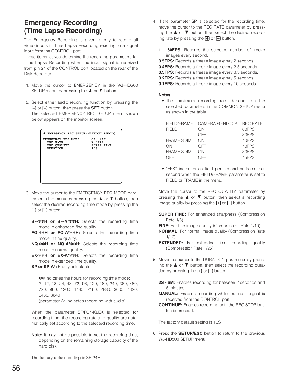 Emergency recording, Emergency recording (time lapse recording) | Panasonic WJ-HD500B User Manual | Page 56 / 104