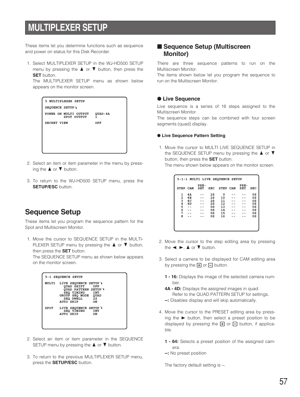 Multiplexer setup, Sequence setup, Sequence setup (multiscreen | Sequence setup (multiscreen monitor) | Panasonic WJ-HD500B User Manual | Page 57 / 104