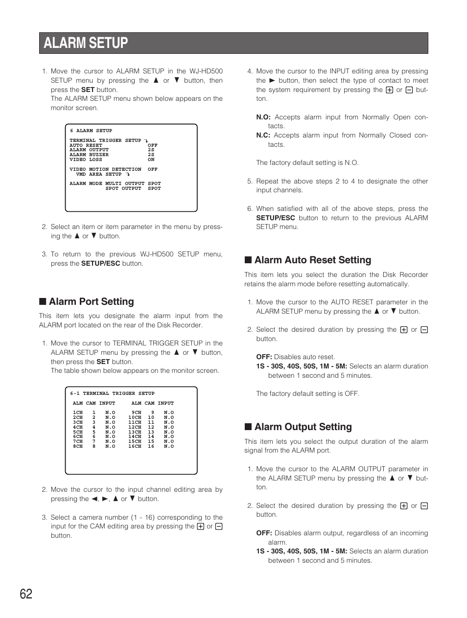 Alarm setup, Alarm port setting, Alarm auto reset setting | Alarm output setting | Panasonic WJ-HD500B User Manual | Page 62 / 104