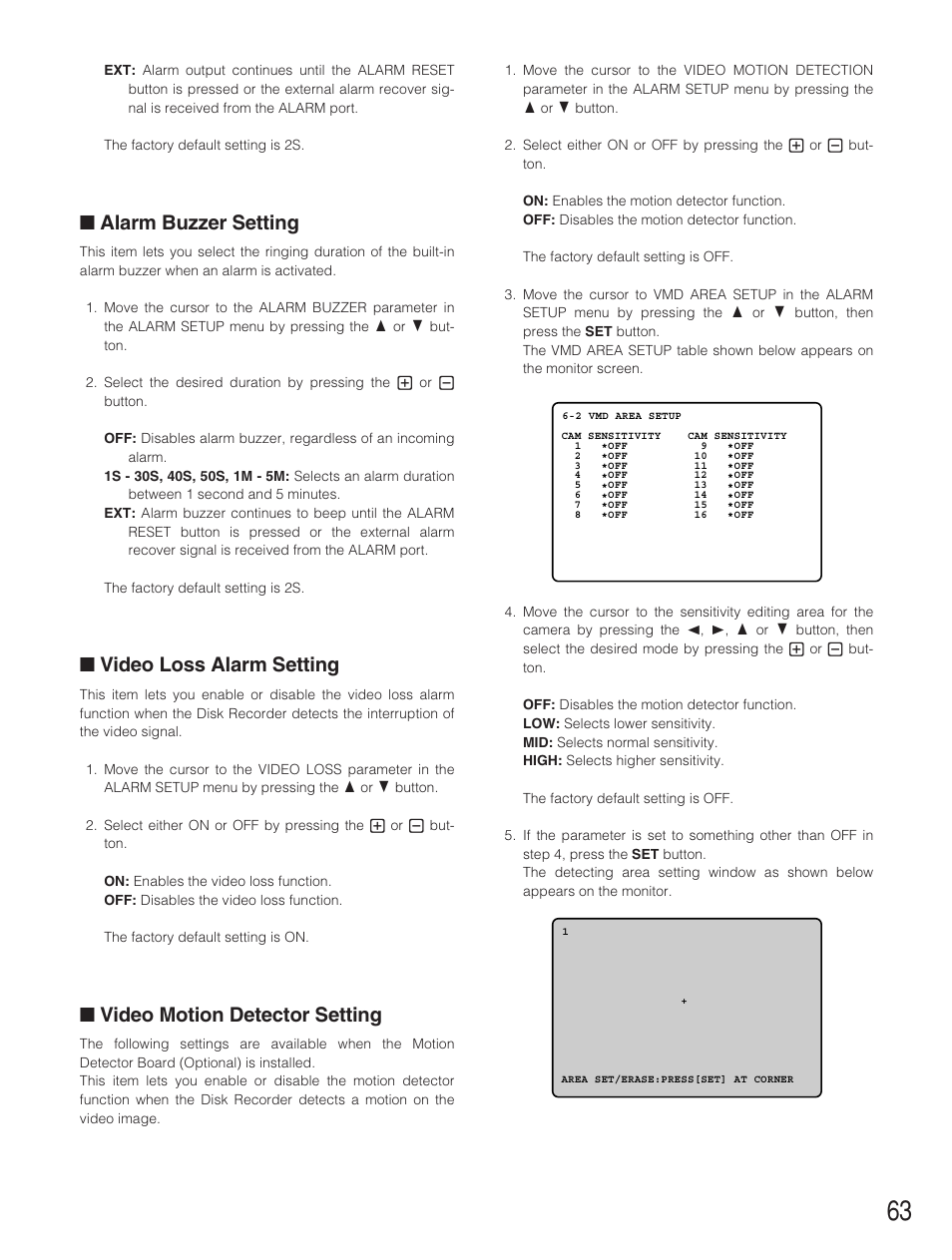 Alarm buzzer setting, Video loss alarm setting, Video motion detector setting | Panasonic WJ-HD500B User Manual | Page 63 / 104