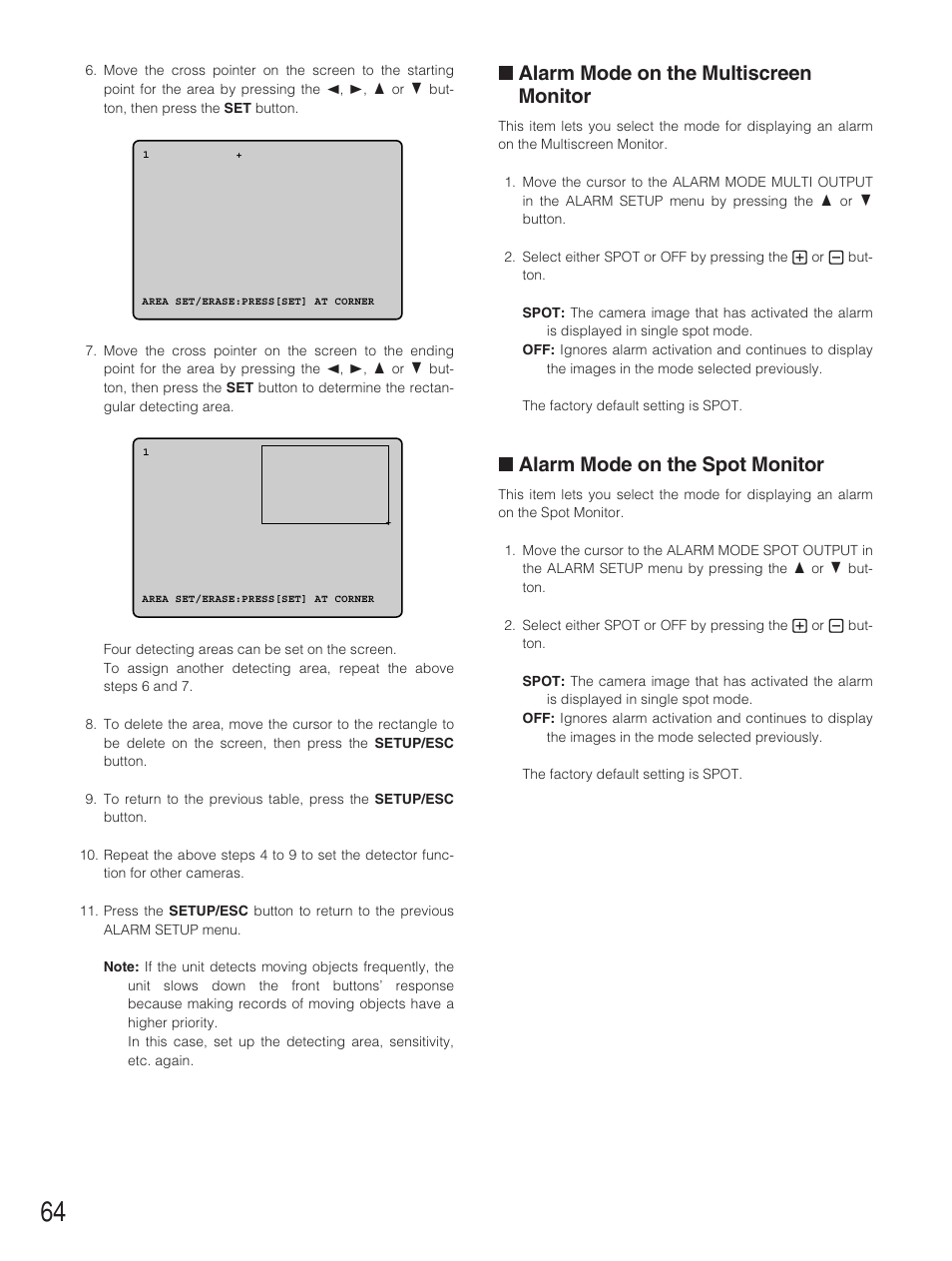 Alarm mode on the multiscreen, Alarm mode on the spot monitor, Alarm mode on the multiscreen monitor | Panasonic WJ-HD500B User Manual | Page 64 / 104