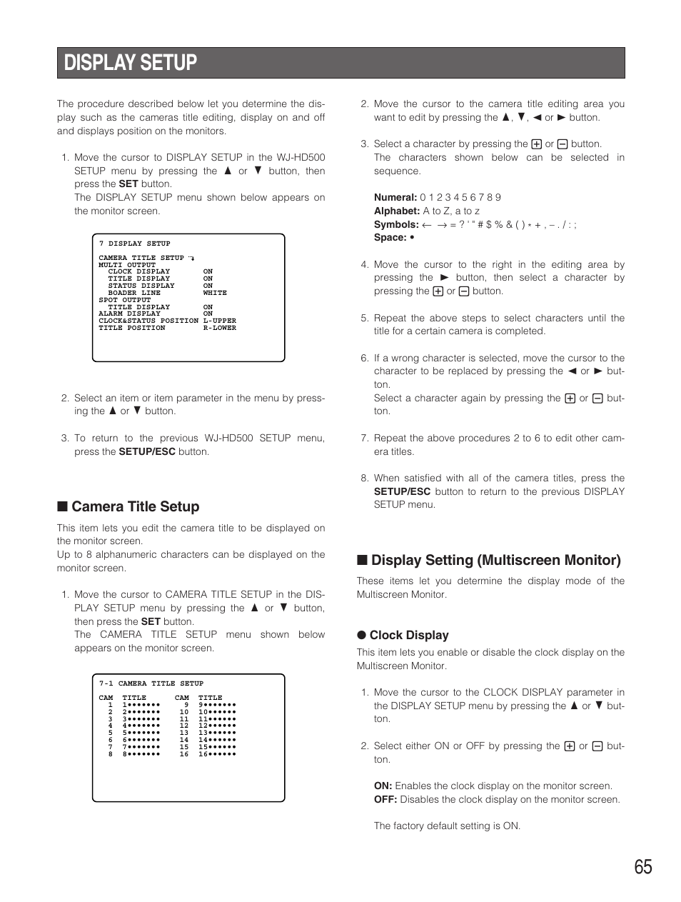 Display setup, Camera title setup, Display setting | Display setting (multiscreen monitor) | Panasonic WJ-HD500B User Manual | Page 65 / 104